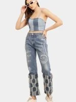 Two-Tone Raw Denim Corset Crop Top - Image 5