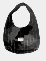 Monochrome Patchwork Running-Stitch Tote Bag