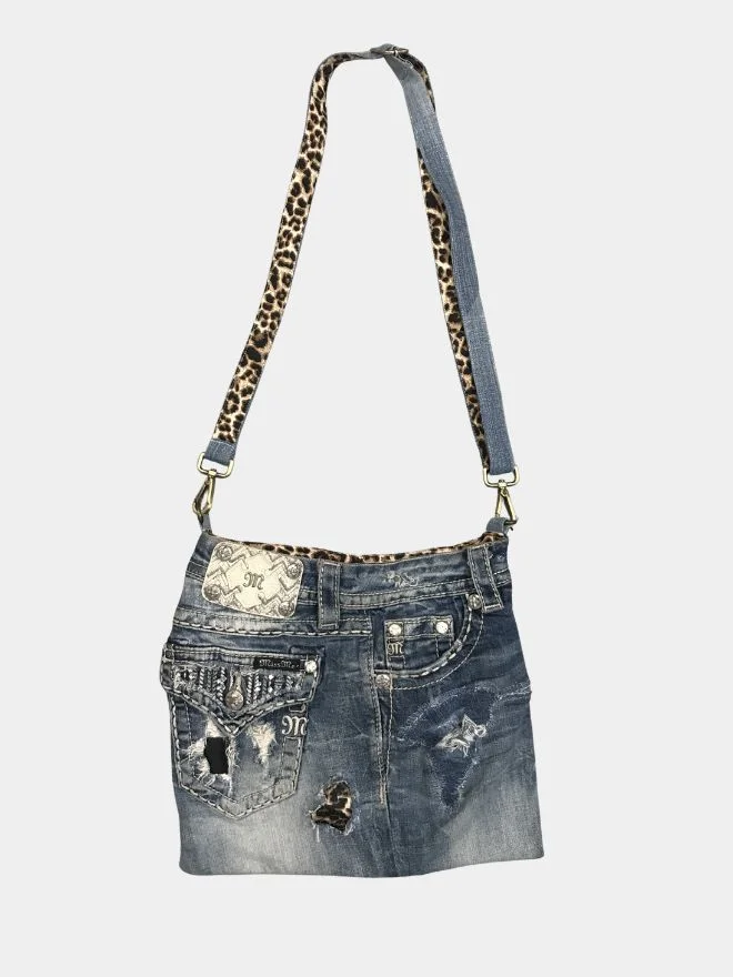 45 Miss Me Denim Shoulder Bag with Leopard Strap - Image 1