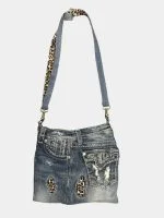 Miss Me Denim Shoulder Bag with Leopard Strap - Image 6